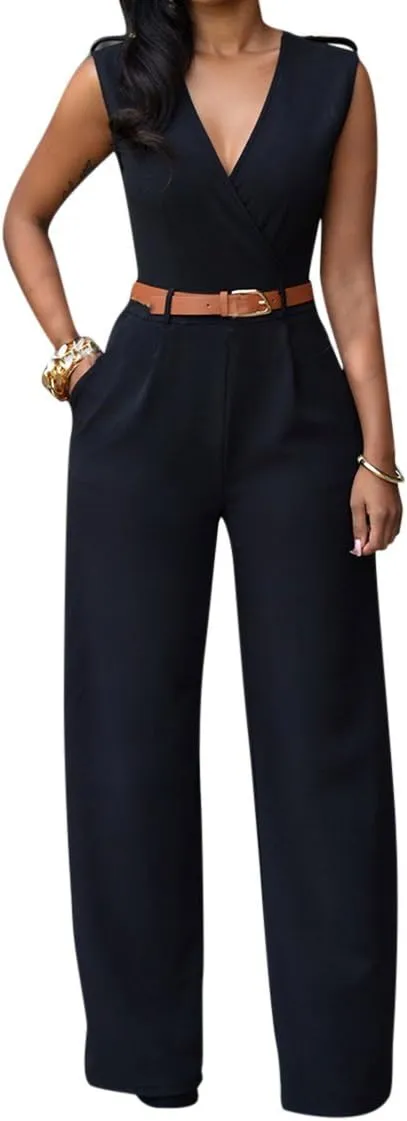Pink Queen Jumpsuits for Women Dressy V Neck Sleeveless Wide Leg Long Pants Rompers