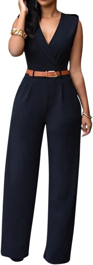 Pink Queen Jumpsuits for Women Dressy V Neck Sleeveless Wide Leg Long Pants Rompers