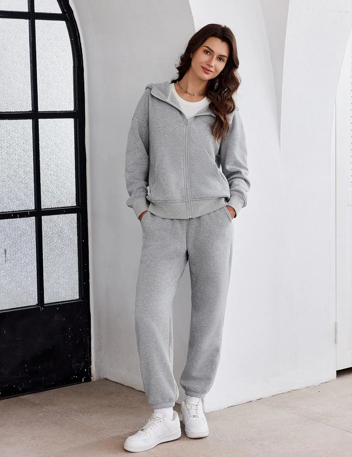 PINSPARK 2 Piece Sets for Women Fleece Sweatsuits Zip Up Hoodie Sweatshirts Drawstring Jogger Sweatpants With Pockets 2024
