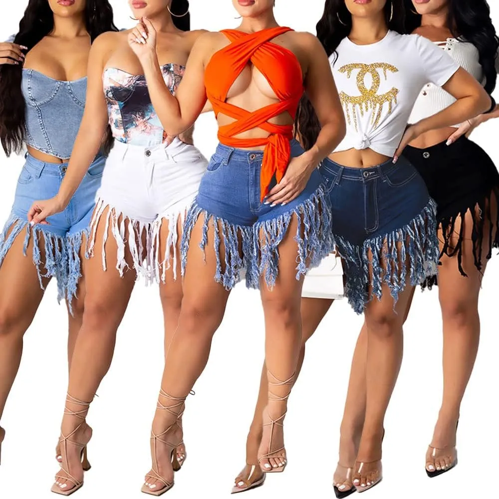 PINSV Women's Denim Shorts Summer High Waisted Frayed Raw Hem Ripped Tassels Sexy Short Pants Jeans