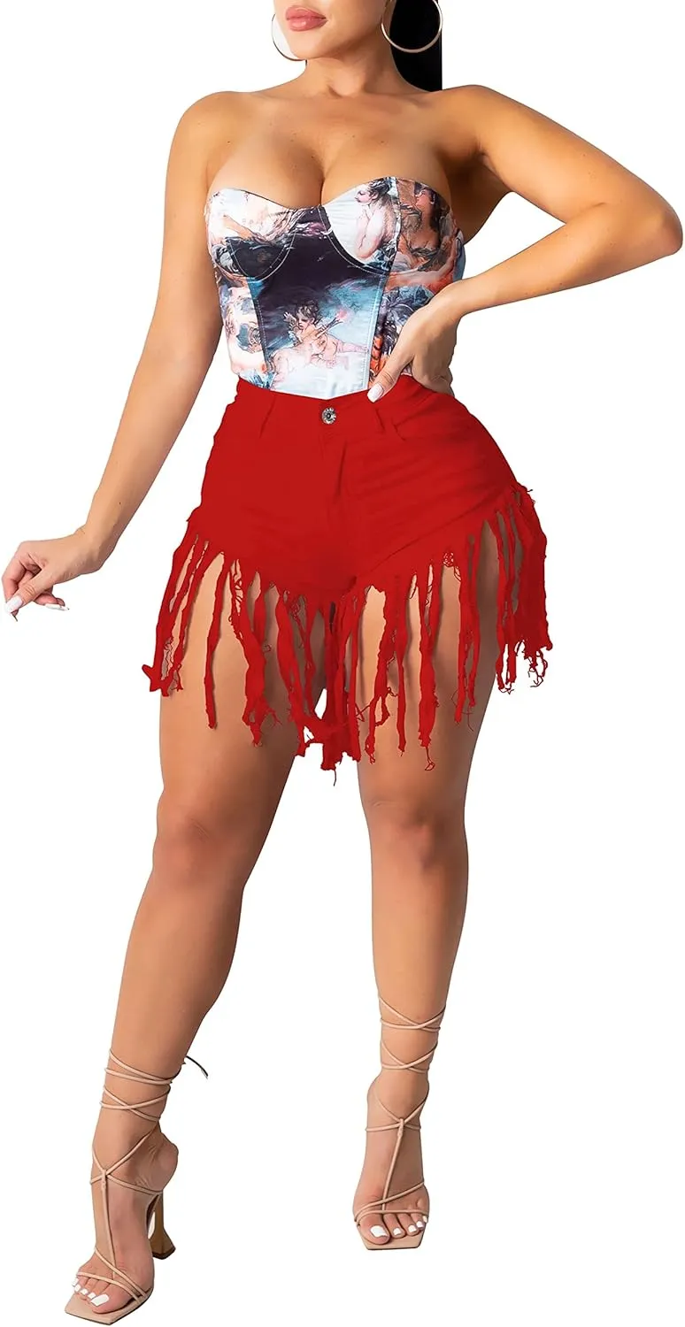 PINSV Women's Denim Shorts Summer High Waisted Frayed Raw Hem Ripped Tassels Sexy Short Pants Jeans