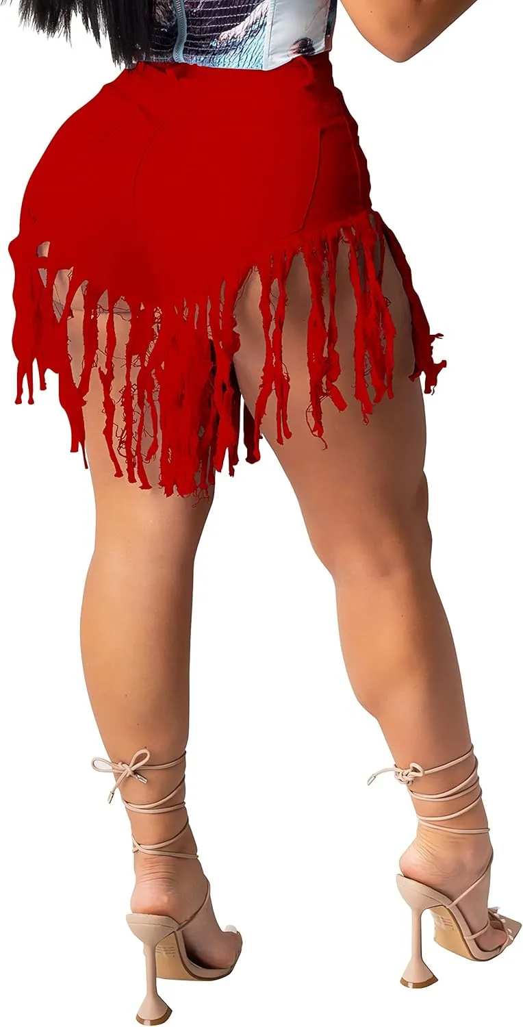 PINSV Women's Denim Shorts Summer High Waisted Frayed Raw Hem Ripped Tassels Sexy Short Pants Jeans