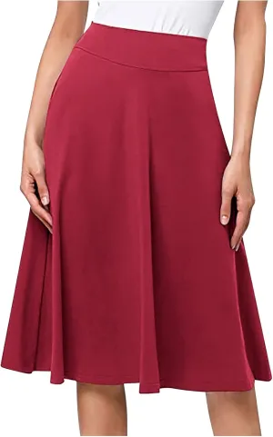 Pleated Midi Skirts for Women, 2024 Summer Fashion Long High Waisted Flare Casual Stretch Knit Knee Length Skirt
