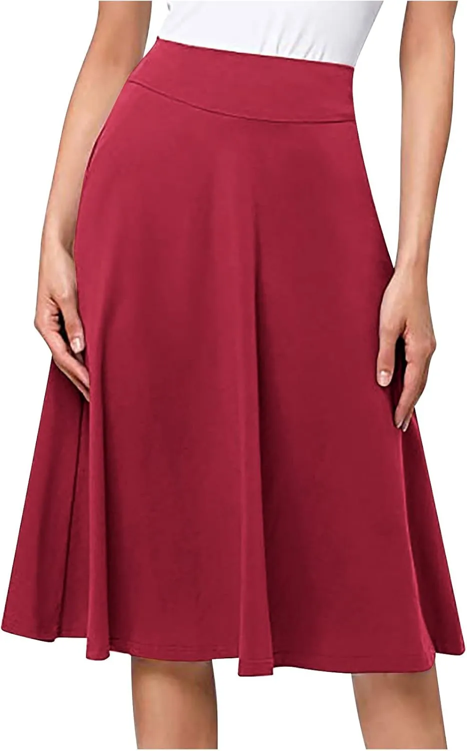 Pleated Midi Skirts for Women, 2024 Summer Fashion Long High Waisted Flare Casual Stretch Knit Knee Length Skirt