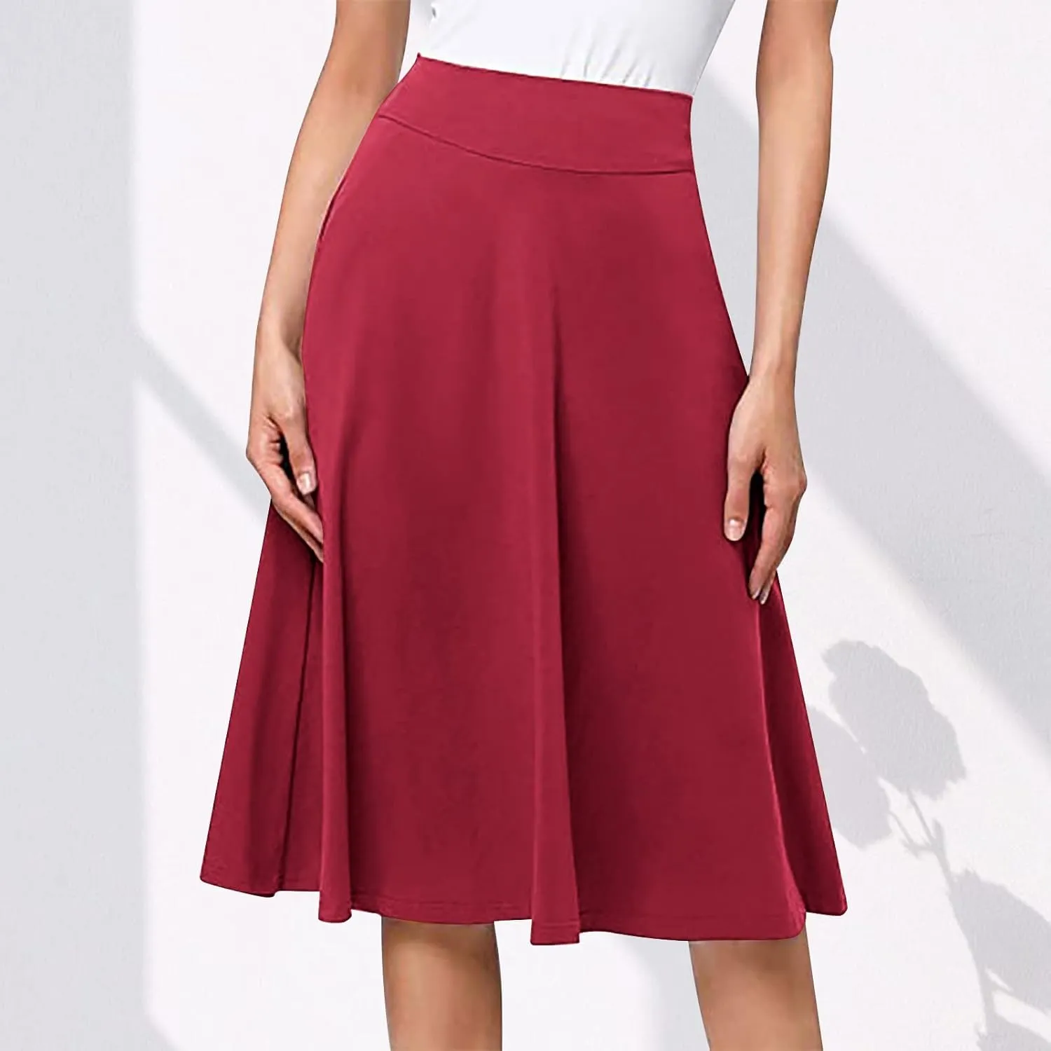 Pleated Midi Skirts for Women, 2024 Summer Fashion Long High Waisted Flare Casual Stretch Knit Knee Length Skirt