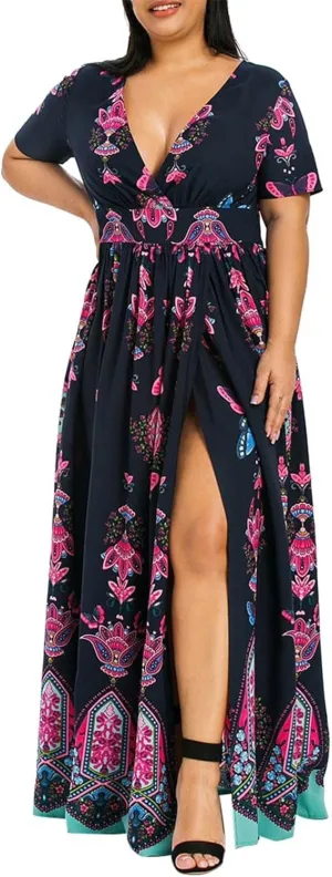 Plus Size Dresses for Curvy Women,2024 Spring Summer Elegant Wrap V Neck Bodycon Maxi Dress,Trendy Vintage Floral Print Short Sleeve Boho Dress,Flowy Ruched High Slit Beach Dress(D-Pink,2XL)