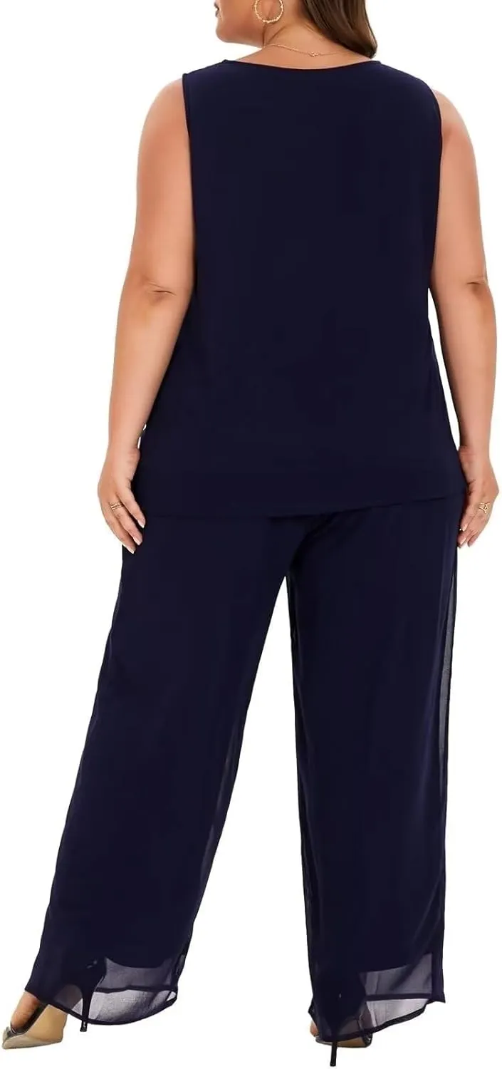 Plus Size Mother of The Bride Pant Suits 3 Pieces Chiffon Appliques Outfit Sets Special Occasion Wear