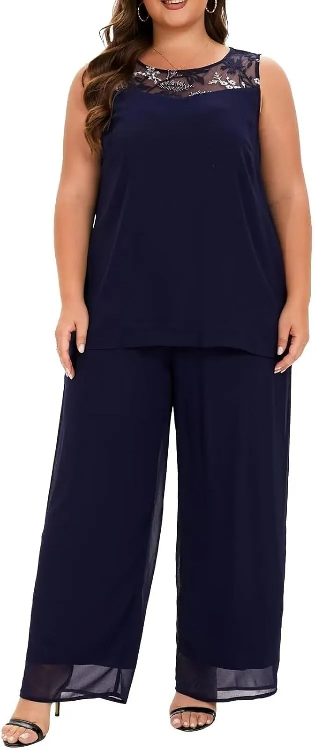 Plus Size Mother of The Bride Pant Suits 3 Pieces Chiffon Appliques Outfit Sets Special Occasion Wear