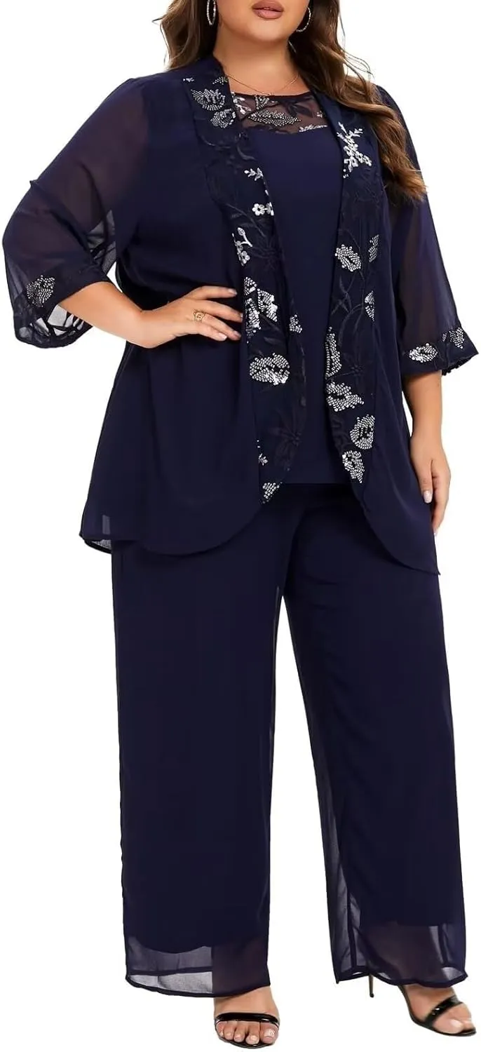 Plus Size Mother of The Bride Pant Suits 3 Pieces Chiffon Appliques Outfit Sets Special Occasion Wear