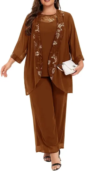 Plus Size Mother of The Bride Pant Suits 3 Pieces Chiffon Appliques Outfit Sets Special Occasion Wear