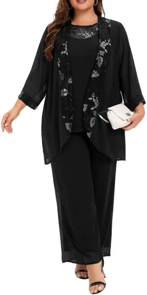 Plus Size Mother of The Bride Pant Suits 3 Pieces Chiffon Appliques Outfit Sets Special Occasion Wear