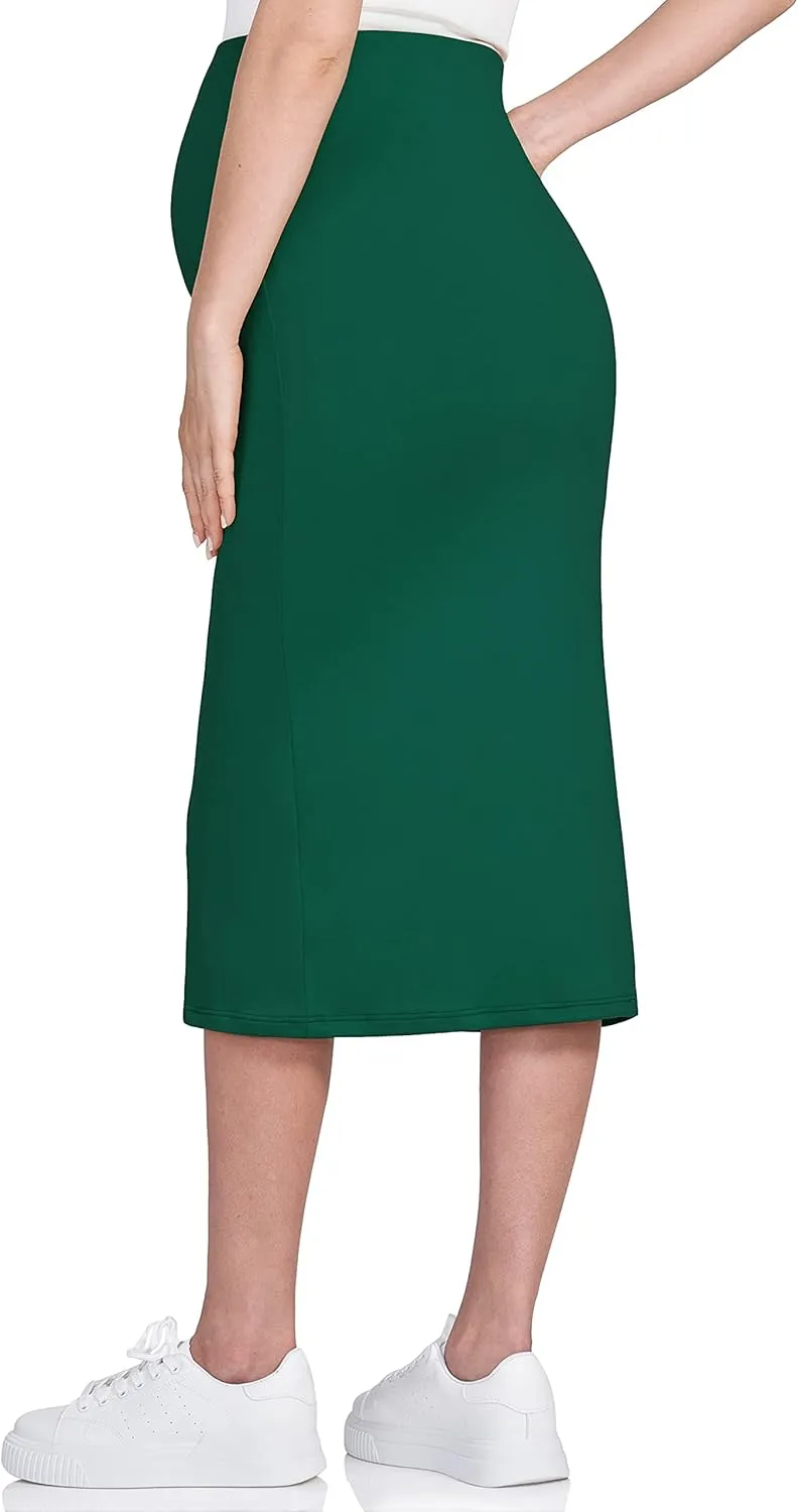 POSHDIVAH Women's Maternity Skirt Over The Belly Midi High Waisted Solid Stretchy Pregnancy Pencil Skirt