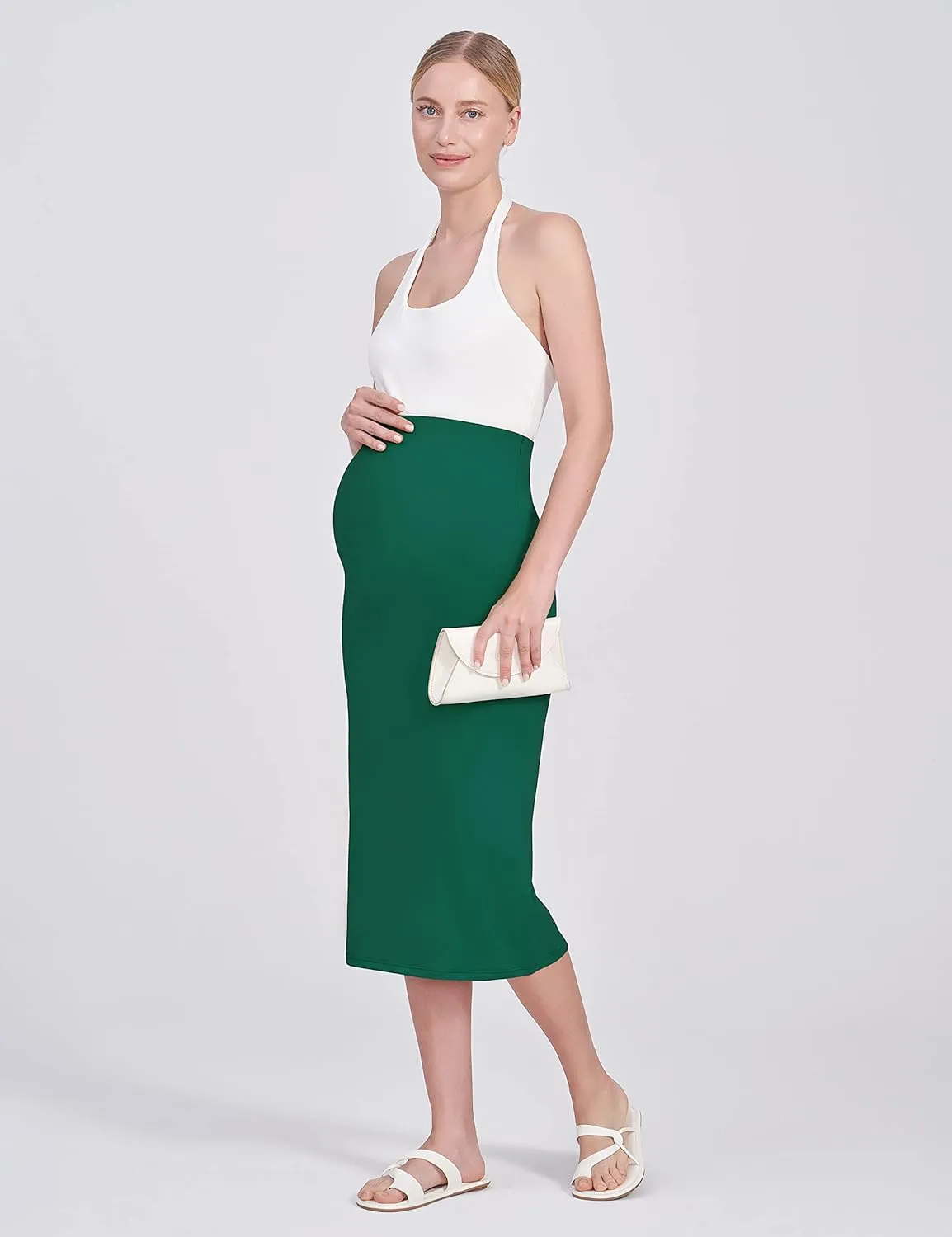 POSHDIVAH Women's Maternity Skirt Over The Belly Midi High Waisted Solid Stretchy Pregnancy Pencil Skirt