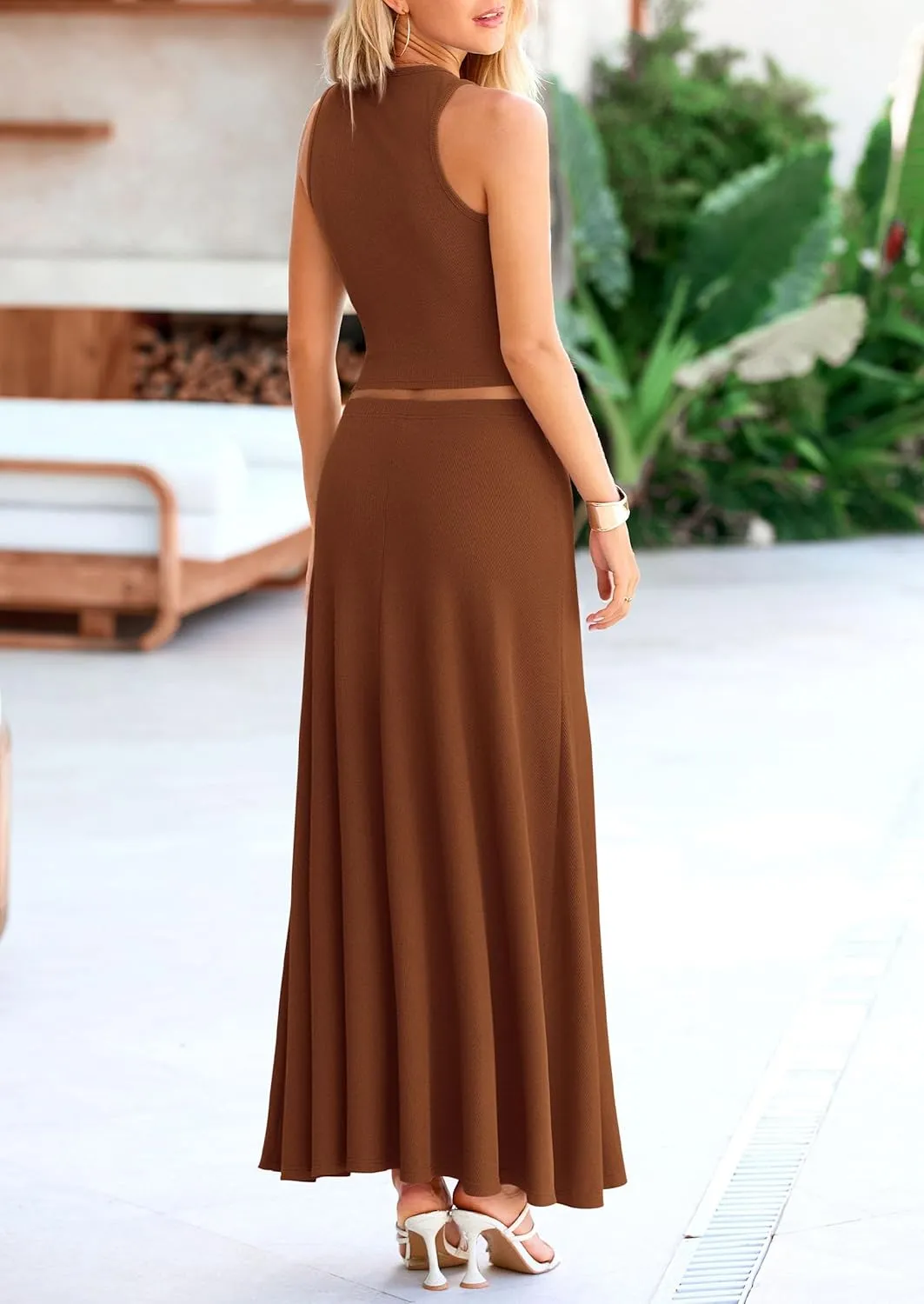 PRETTYGARDEN Women's 2 Piece Maxi Skirt Sets Casual Summer Knit Cropped Tank Top High Waisted Long Skirts Outfit