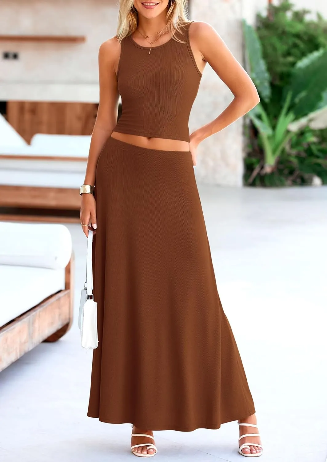 PRETTYGARDEN Women's 2 Piece Maxi Skirt Sets Casual Summer Knit Cropped Tank Top High Waisted Long Skirts Outfit