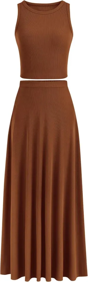 PRETTYGARDEN Women's 2 Piece Maxi Skirt Sets Casual Summer Knit Cropped Tank Top High Waisted Long Skirts Outfit