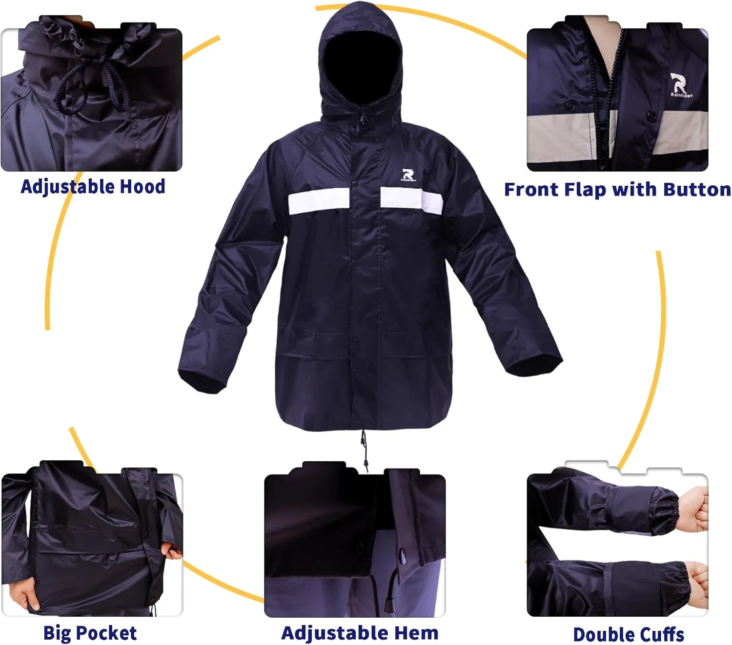 Rain Suits for Men Women Waterproof Fishing Rain Jacket Bib Pants Lightweight Reflective 3-Piece Rain Gear