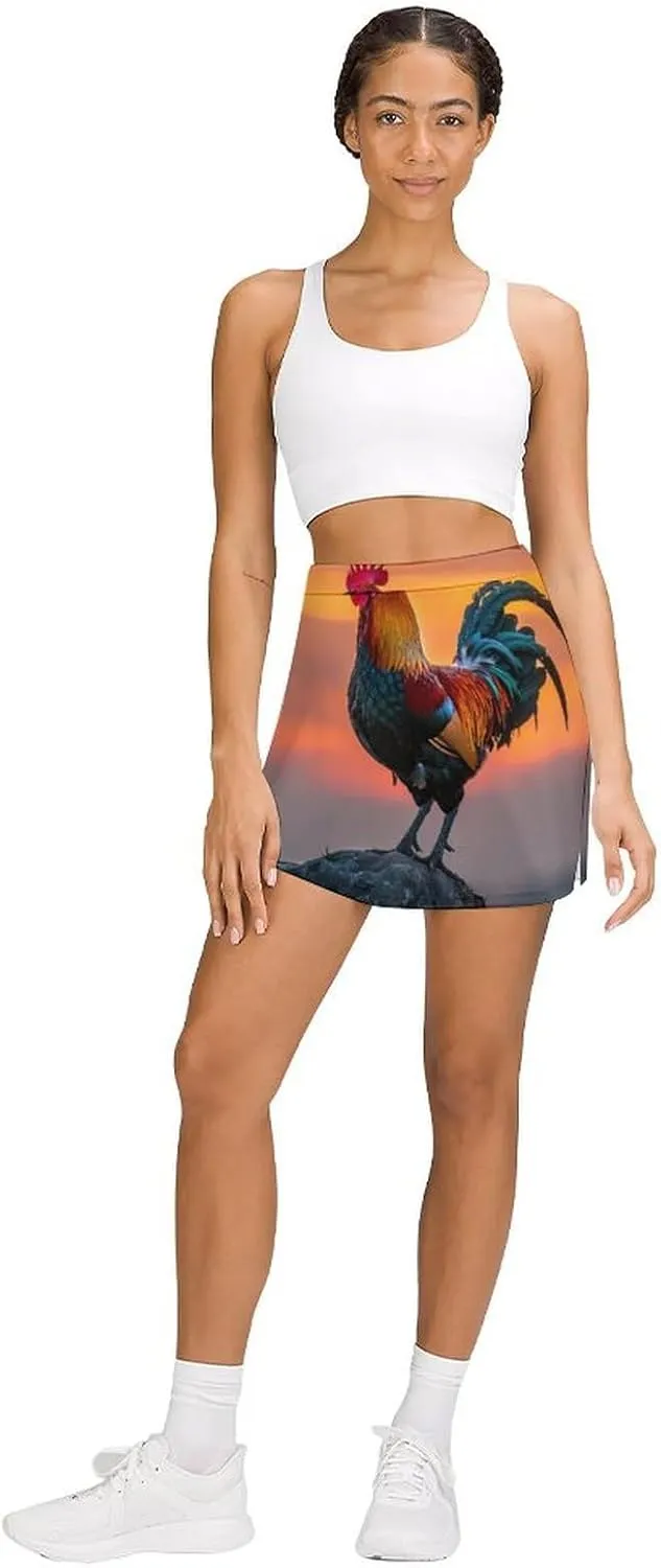 Rooster Sunrise Women's Skort Athletic Skirt Golf Skorts A-line Skirts with Built-in Shorts Pockets