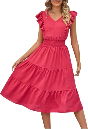 Ruffle Cap Sleeve Midi Dress for Women Elegant A-Line Swing Dresses Summer Flowy Tiered Knee Length Holiday