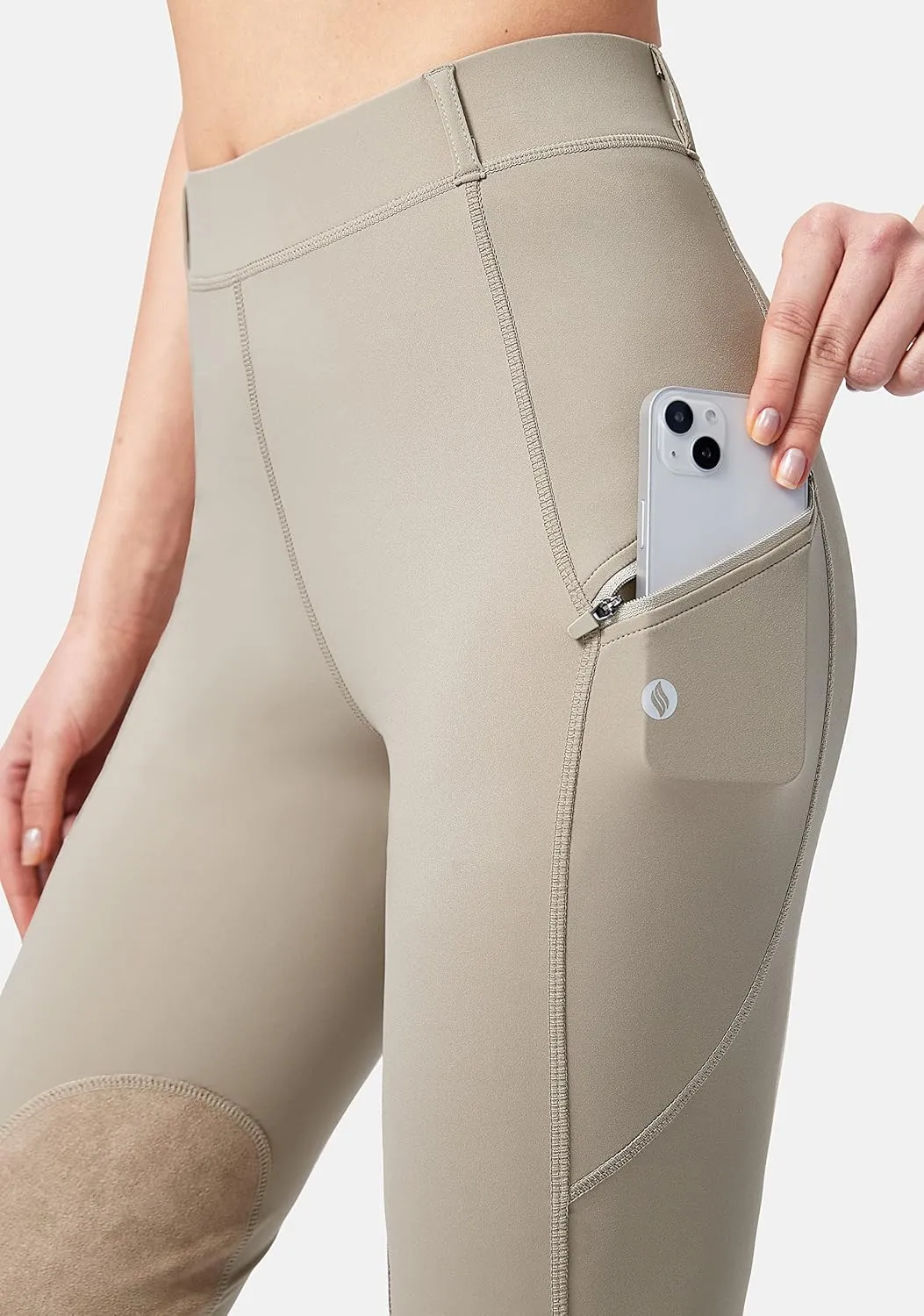 SANTINY Women's Horse Riding Pants with Zipper Pockets Knee-Patch Schooling Tights Equestrian Breeches for Women