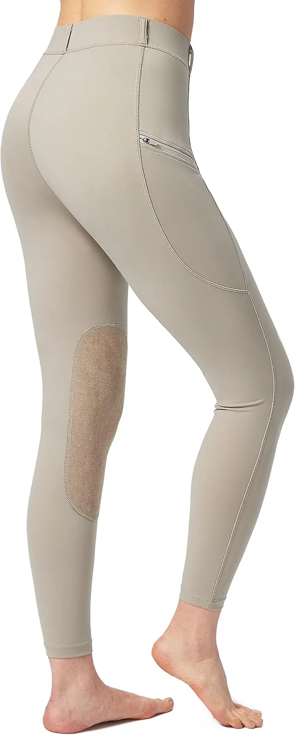 SANTINY Women's Horse Riding Pants with Zipper Pockets Knee-Patch Schooling Tights Equestrian Breeches for Women