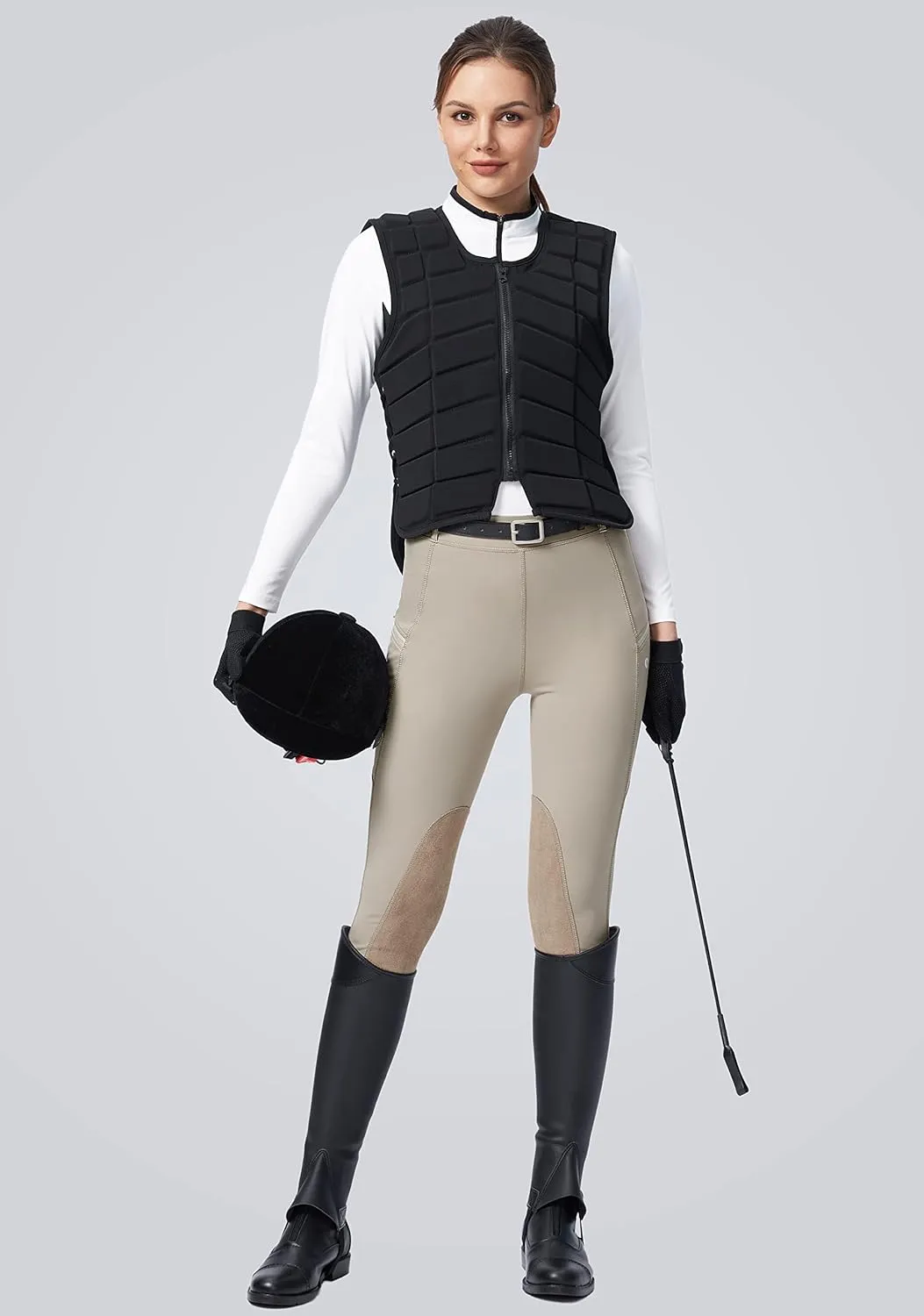 SANTINY Women's Horse Riding Pants with Zipper Pockets Knee-Patch Schooling Tights Equestrian Breeches for Women