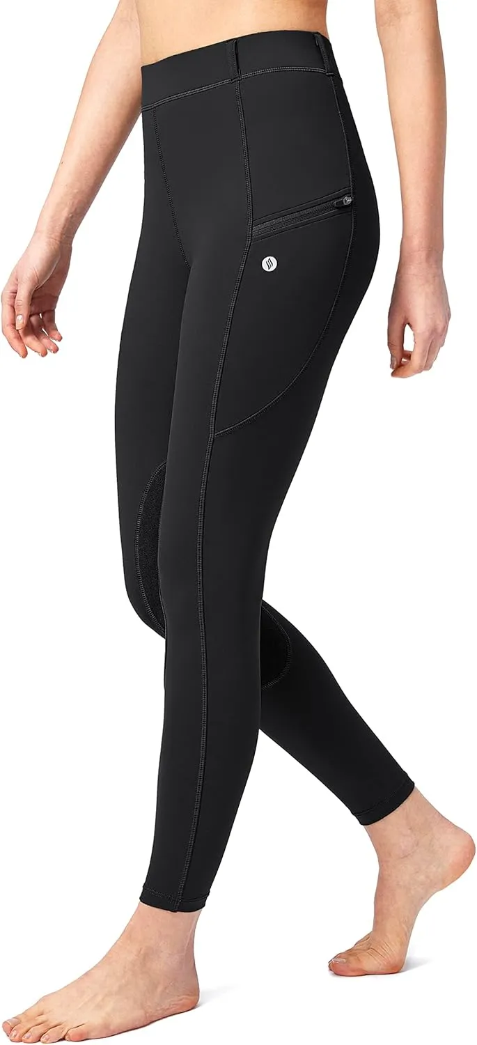 SANTINY Women's Horse Riding Pants with Zipper Pockets Knee-Patch Schooling Tights Equestrian Breeches for Women