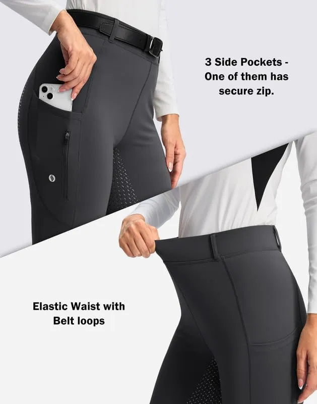 SANTINY Women's Horse Riding Pants Zipper Pockets Silicone Full-Seat Breeches Equestrian Schooling Tights for Women