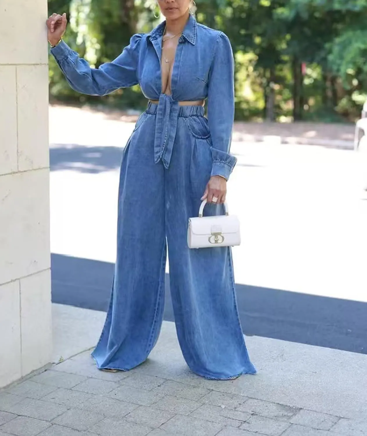 SEMATOMALA Women's Fall Denim Outfits Knot Tie Crop Top and Wide Leg Pants Jean Set 2 Piece Loose Sweatsuits