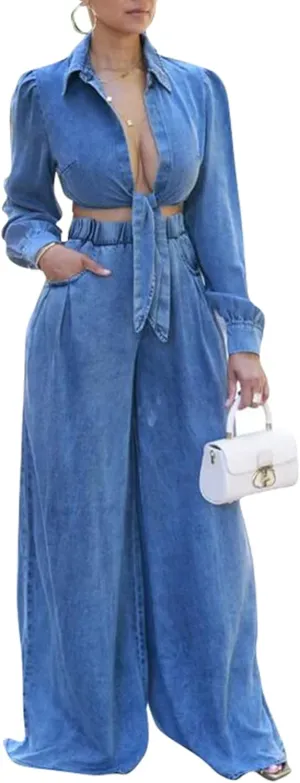 SEMATOMALA Women's Fall Denim Outfits Knot Tie Crop Top and Wide Leg Pants Jean Set 2 Piece Loose Sweatsuits