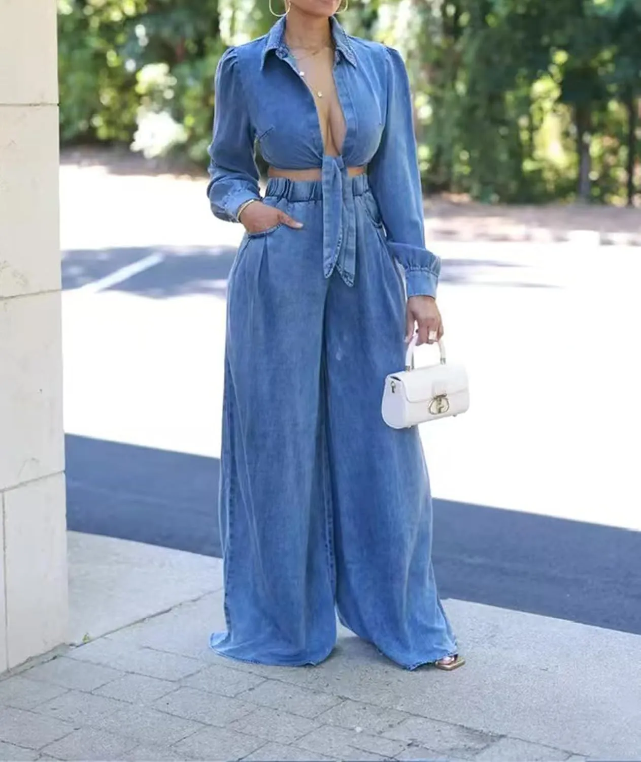SEMATOMALA Women's Fall Denim Outfits Knot Tie Crop Top and Wide Leg Pants Jean Set 2 Piece Loose Sweatsuits
