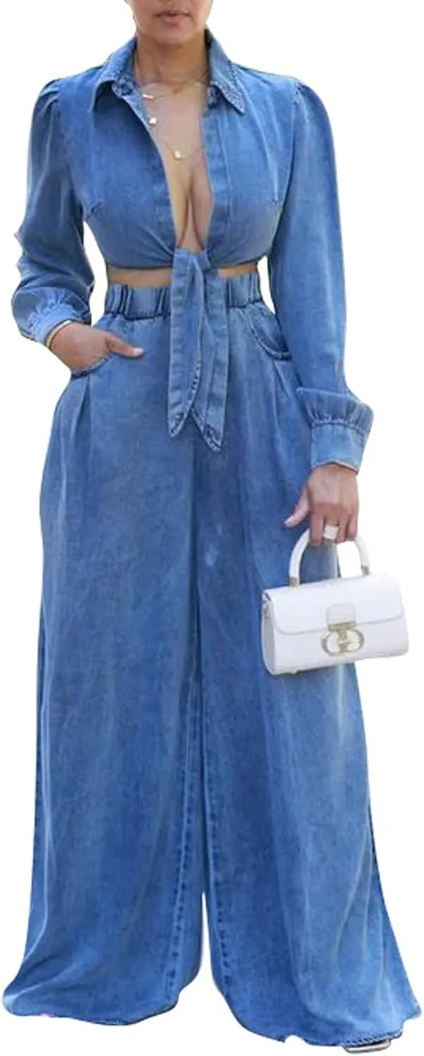 SEMATOMALA Women's Fall Denim Outfits Knot Tie Crop Top and Wide Leg Pants Jean Set 2 Piece Loose Sweatsuits