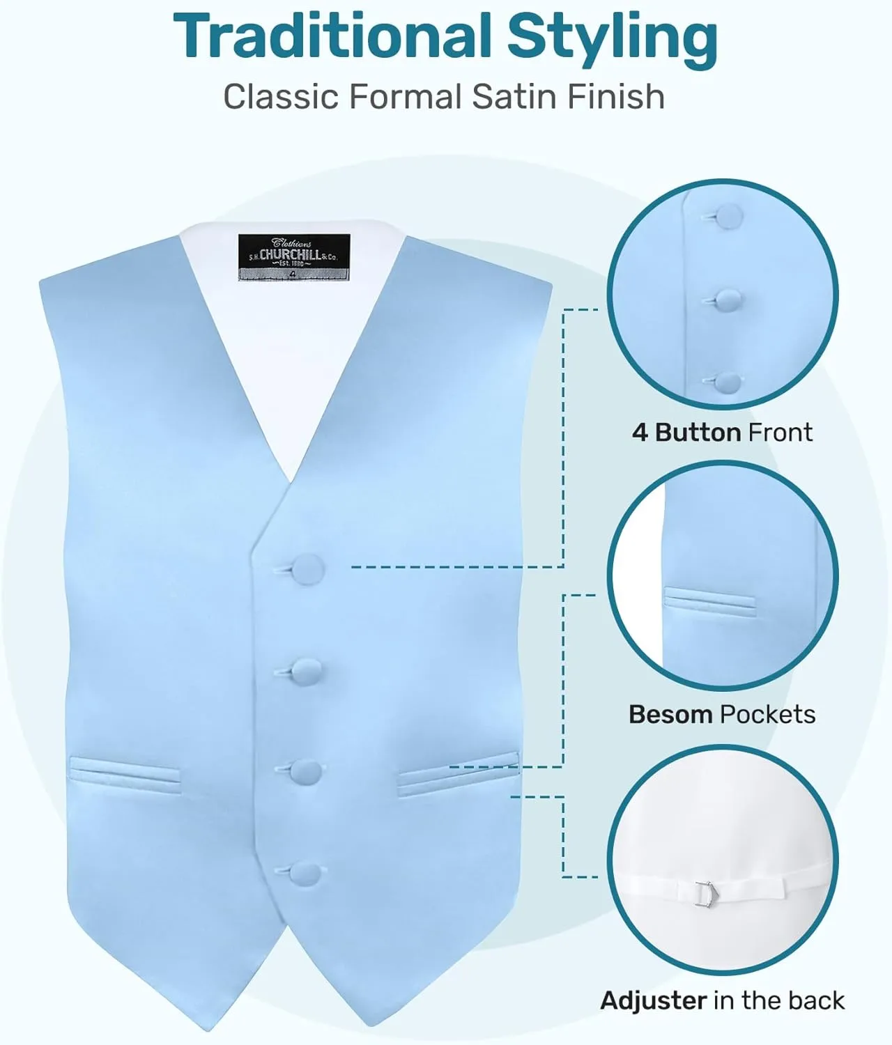 S.H. Churchill & Co. Boy's 4 Piece Vest Set, with Bow Tie, Neck Tie & Pocket Hankie