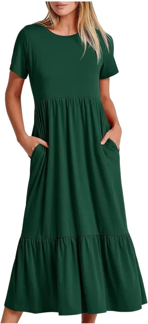 Short Sleeve Shirt Dresses for Women Dressy 2023 Casual Loose Ruffle Flowy Maxi Long Dress with Pockets