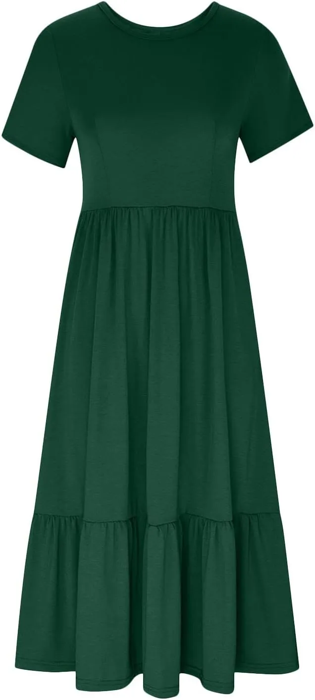 Short Sleeve Shirt Dresses for Women Dressy 2023 Casual Loose Ruffle Flowy Maxi Long Dress with Pockets