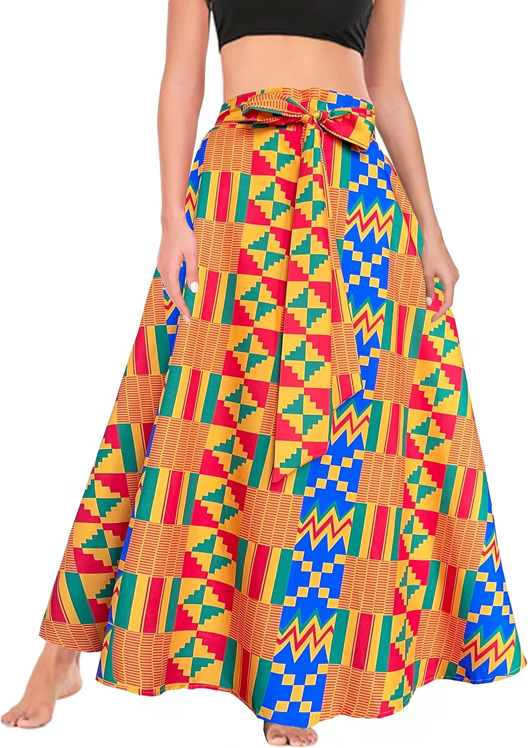 Sinono Womens High Waist Skirt Tie Front Pleated A-line Flowy Long Maxi Skirt with Pockets
