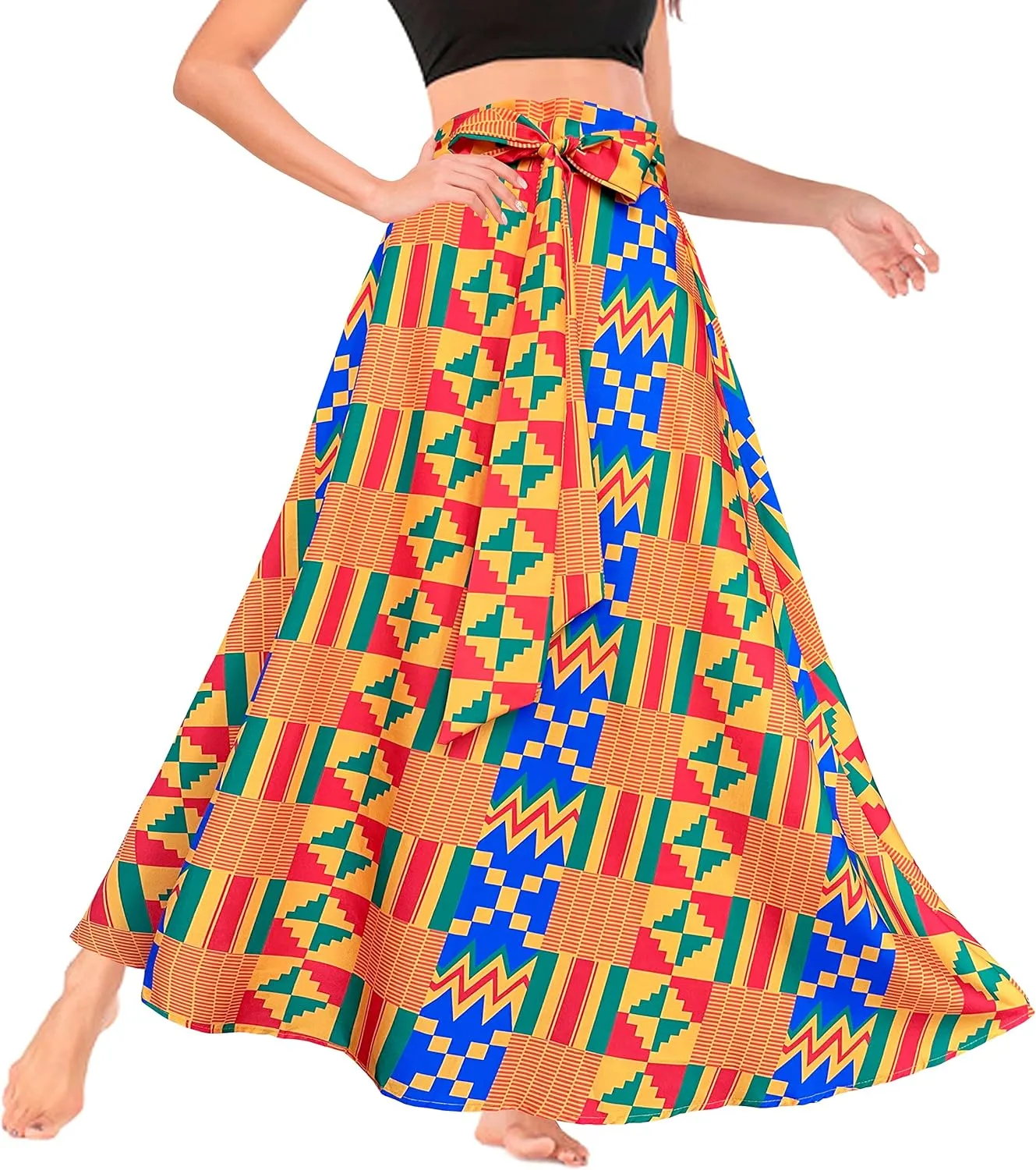 Sinono Womens High Waist Skirt Tie Front Pleated A-line Flowy Long Maxi Skirt with Pockets