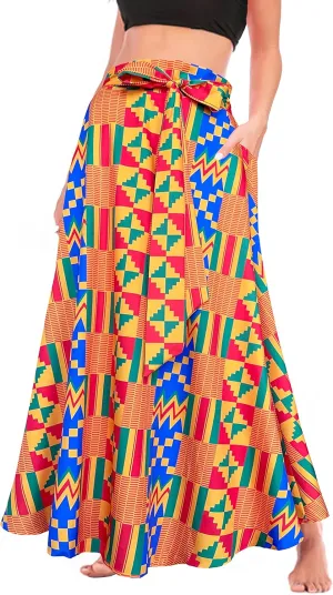 Sinono Womens High Waist Skirt Tie Front Pleated A-line Flowy Long Maxi Skirt with Pockets