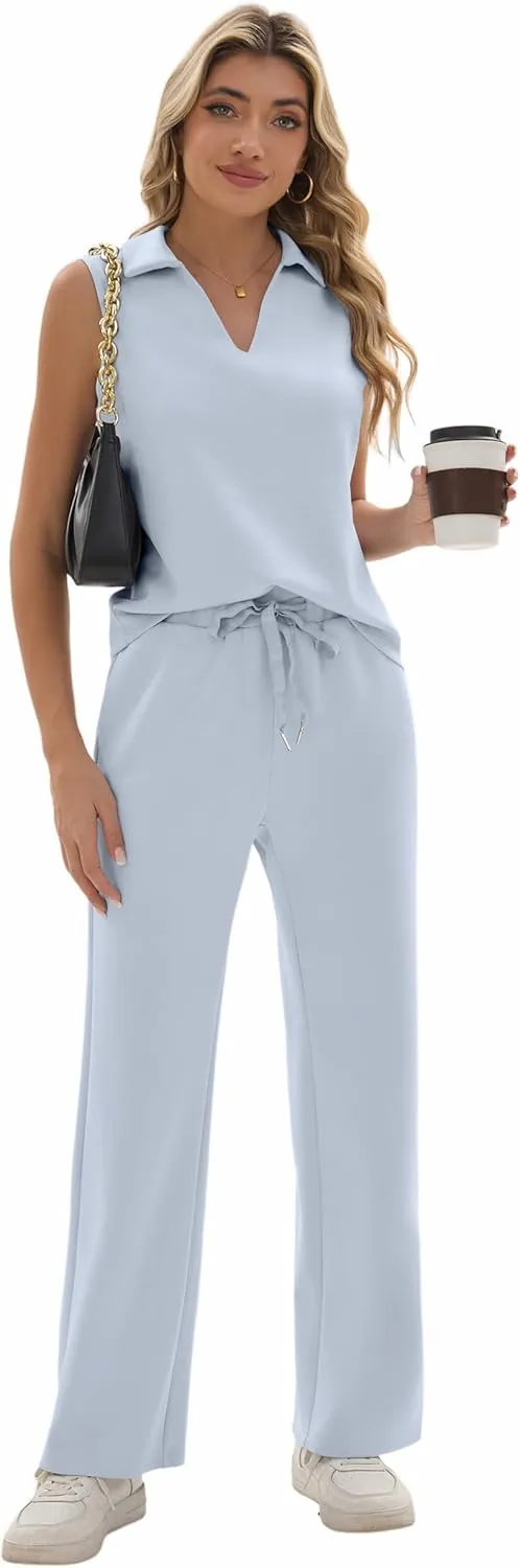 Sixstar Women 2 Piece Outfits Lounge Sets Casual Sleeveless Summer V-Neck Dressy Collared Tracksuit Lounge