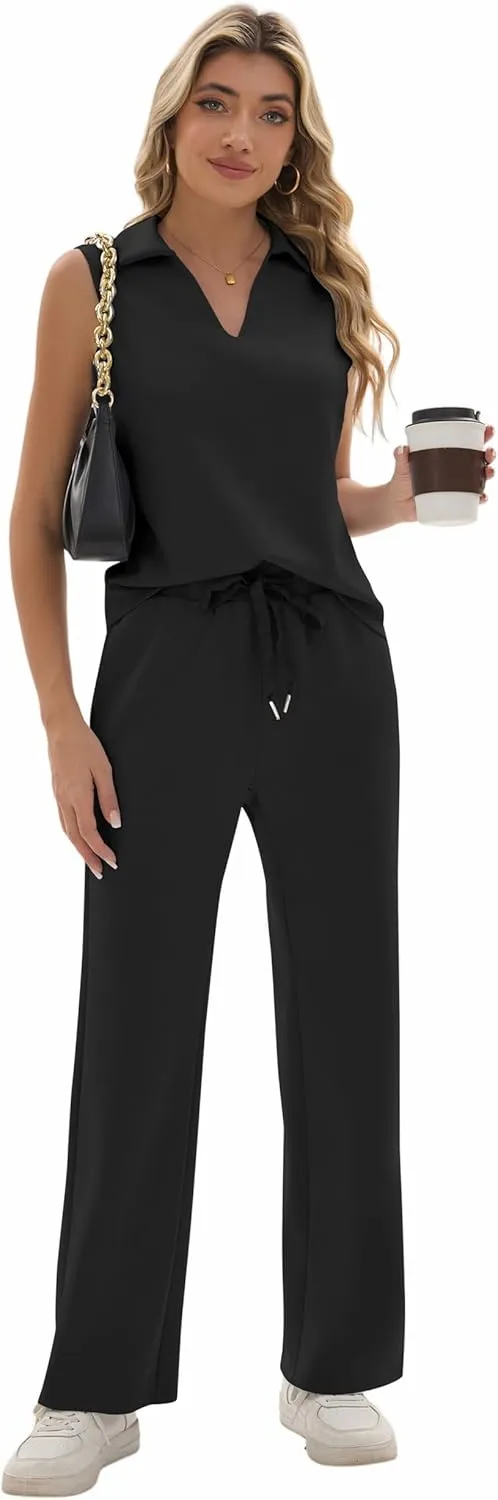 Sixstar Women 2 Piece Outfits Lounge Sets Casual Sleeveless Summer V-Neck Dressy Collared Tracksuit Lounge
