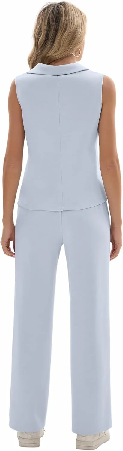 Sixstar Women 2 Piece Outfits Lounge Sets Casual Sleeveless Summer V-Neck Dressy Collared Tracksuit Lounge