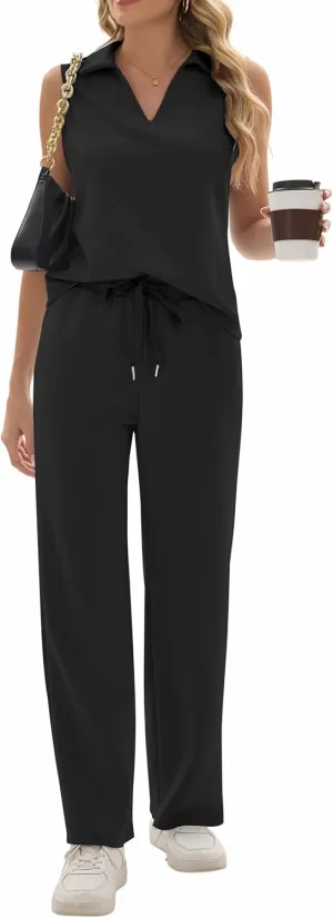Sixstar Women 2 Piece Outfits Lounge Sets Casual Sleeveless Summer V-Neck Dressy Collared Tracksuit Lounge