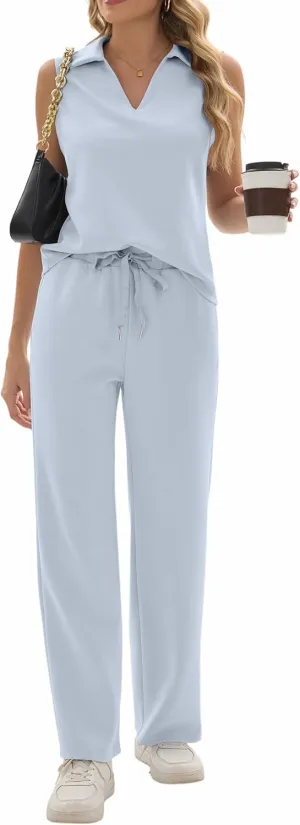 Sixstar Women 2 Piece Outfits Lounge Sets Casual Sleeveless Summer V-Neck Dressy Collared Tracksuit Lounge