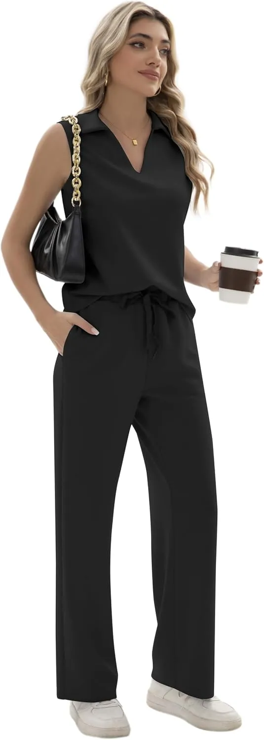 Sixstar Women 2 Piece Outfits Lounge Sets Casual Sleeveless Summer V-Neck Dressy Collared Tracksuit Lounge