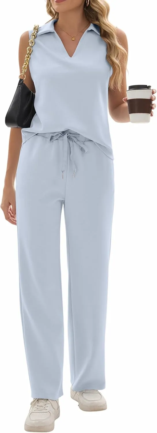 Sixstar Women 2 Piece Outfits Lounge Sets Casual Sleeveless Summer V-Neck Dressy Collared Tracksuit Lounge