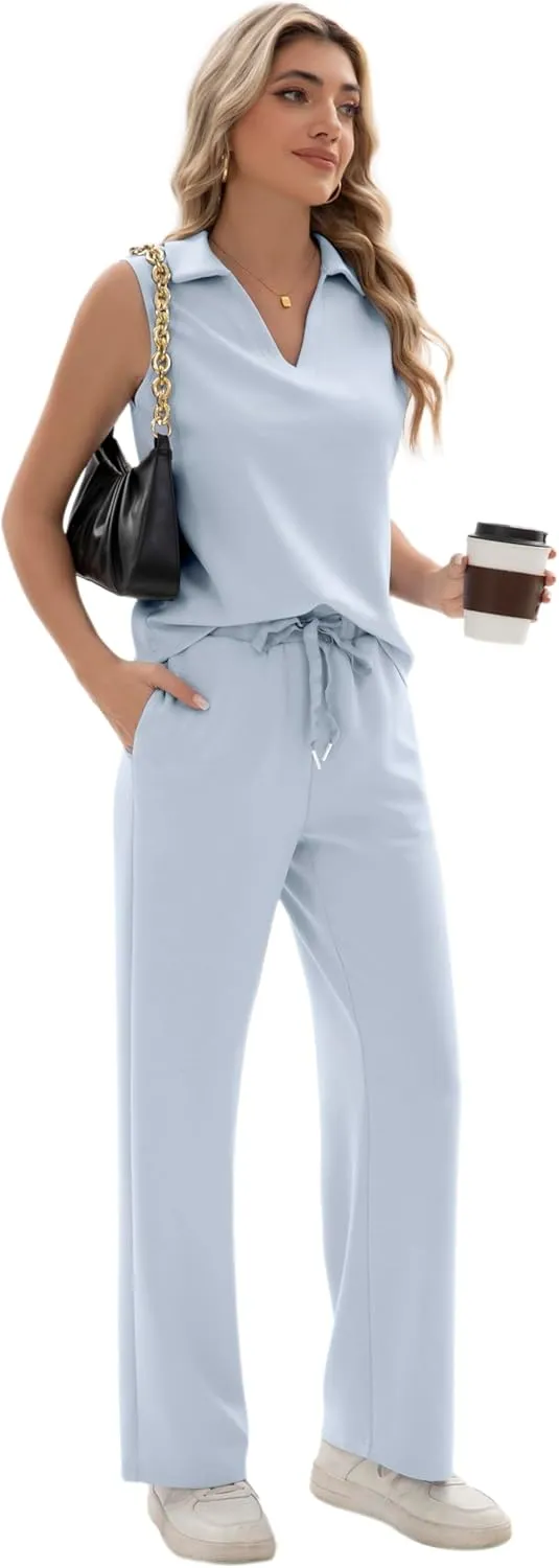 Sixstar Women 2 Piece Outfits Lounge Sets Casual Sleeveless Summer V-Neck Dressy Collared Tracksuit Lounge