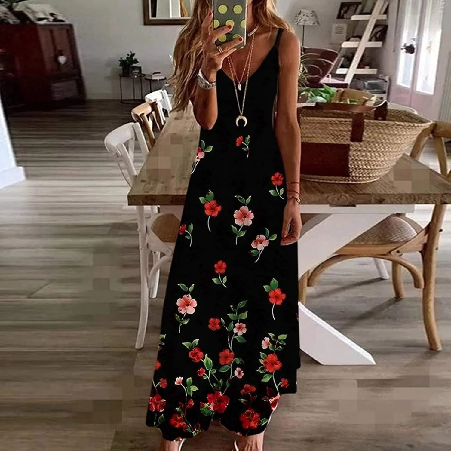 SMIDOW Boho Dresses for Women 2024 Trendy Floral Print Spaghetti Strap Maxi Dress Sexy v Neck Flowy Beach Long Sundress
