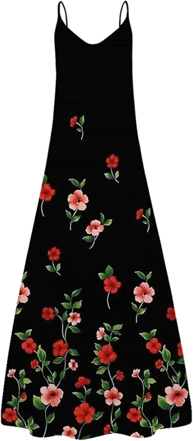 SMIDOW Boho Dresses for Women 2024 Trendy Floral Print Spaghetti Strap Maxi Dress Sexy v Neck Flowy Beach Long Sundress