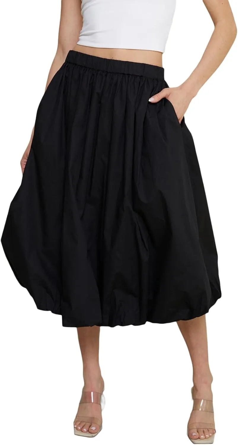 SOLILOQUY Women's Balloon Long Skirt Y2k Low Waist Solid Color A-Line Pleated Bubble Maxi Skirt Casual Puff Flowy Skirts