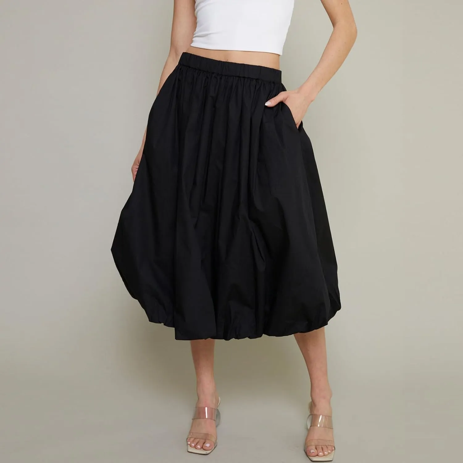 SOLILOQUY Women's Balloon Long Skirt Y2k Low Waist Solid Color A-Line Pleated Bubble Maxi Skirt Casual Puff Flowy Skirts
